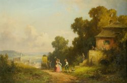 Figures And a Carriage on a Path with a Village Beyond by Willy Moralt