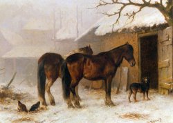 Horses in a Snow Covered Farm Yard by Wouterus Verschuur Jr