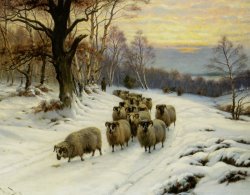 A Shepherd And His Flock on a Path in Winter by Wright Barker